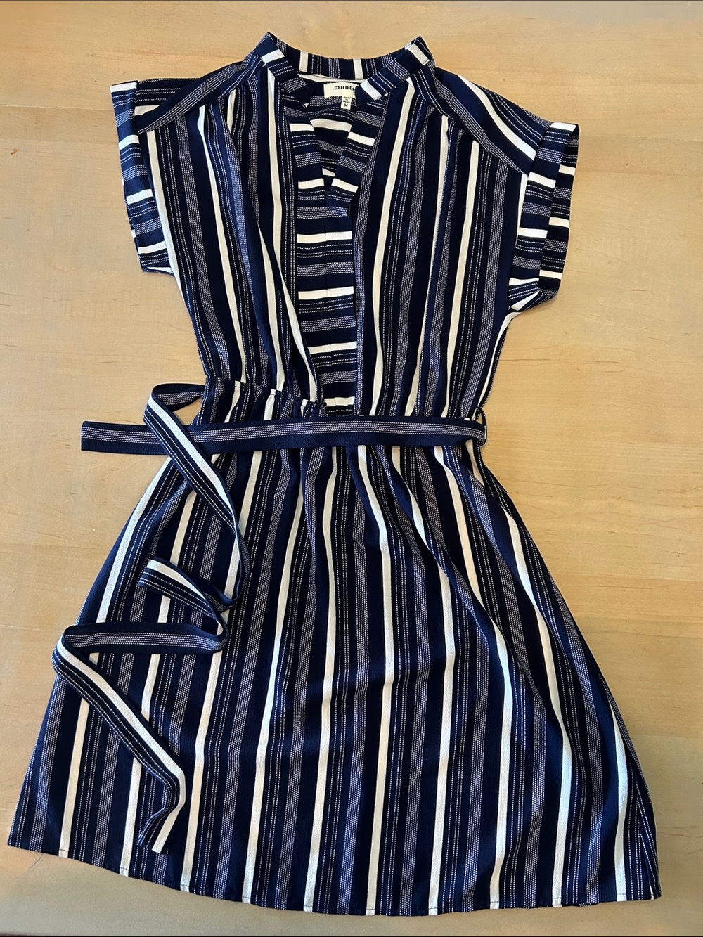 Monteau Navy and White Striped Belted Casual Dress